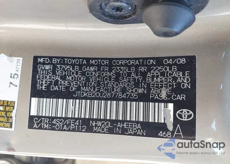 2008 Toyota Prius Standard z USA, uszkodzony, nr VIN JTDKB20U287784735